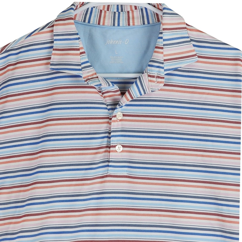 johnnie-O Performance Polo Shirt Mens L Multi-Color Striped Golf Coastal Sport